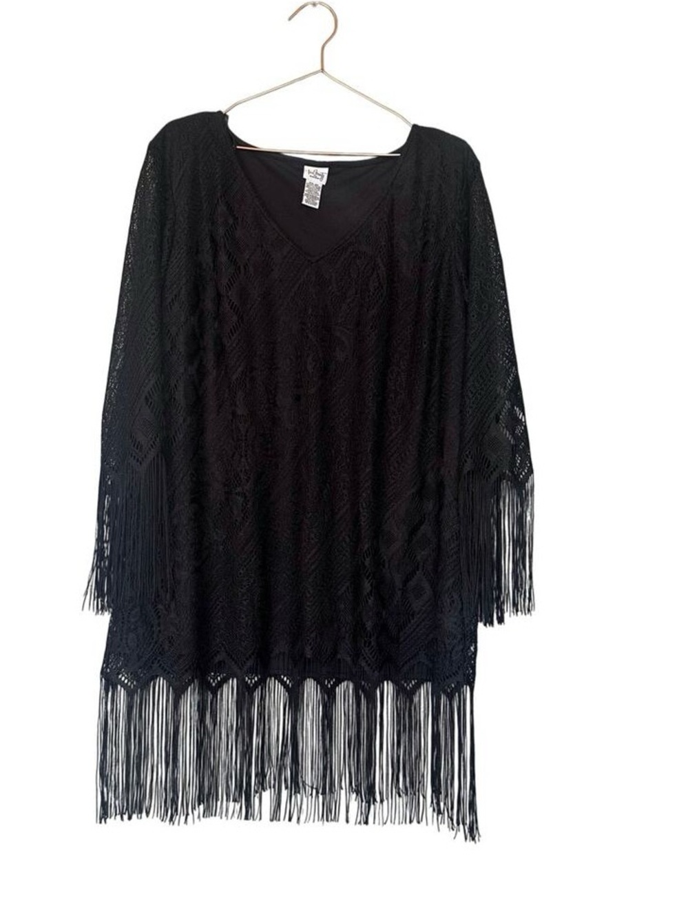 Fringe Openwork V-Neck Sweater Tunic - Black